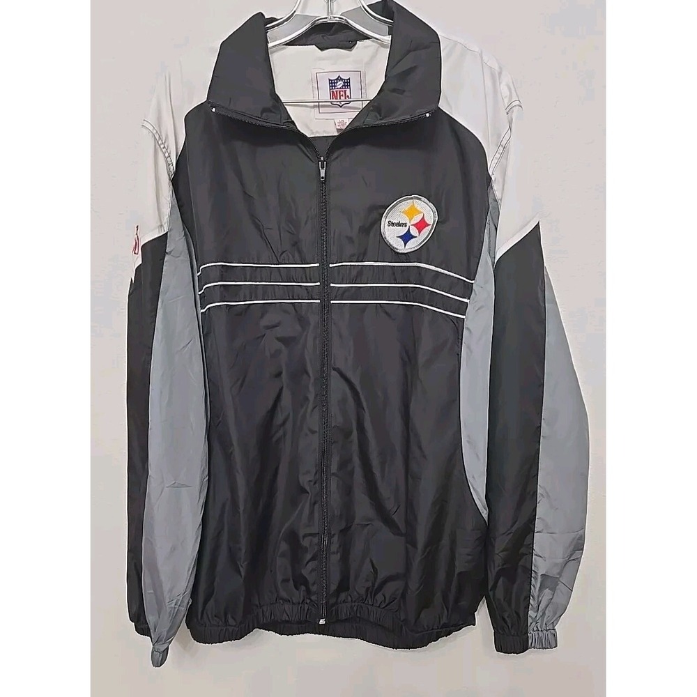 Vintage Steelers NFL Team Apparel Size L Windbreaker Jacket Black White Gray Zip
